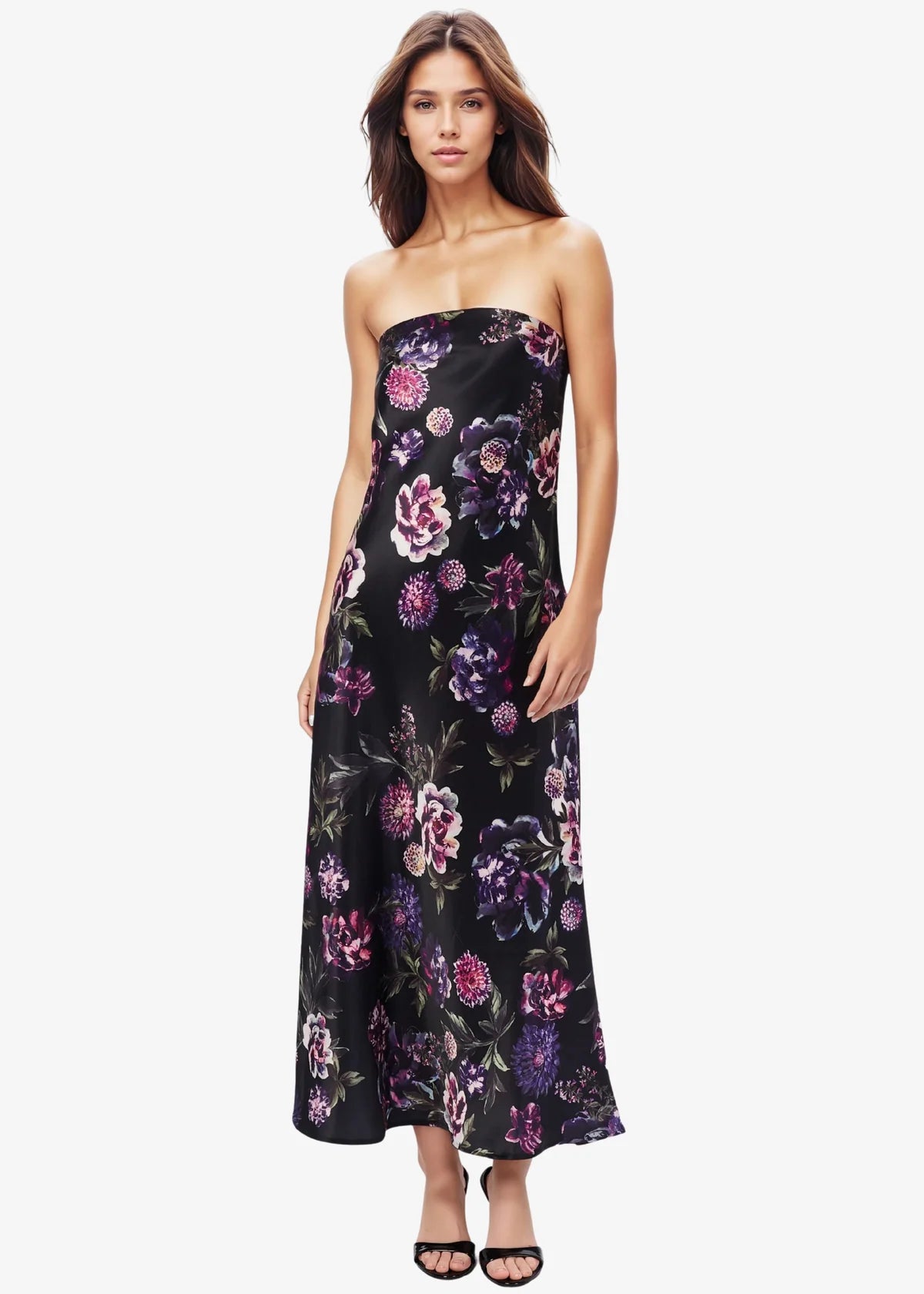 Woman wearing a strapless floral dress on a white background