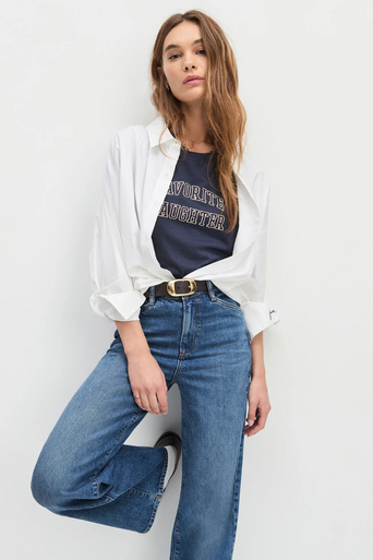 Favorite Daughter Cropped Collegiate Tee with white jacket