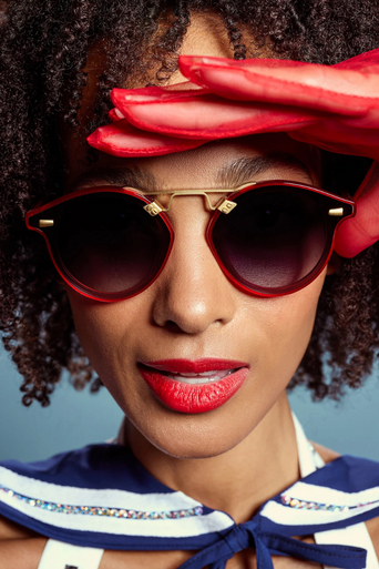 Krewe STL Nylon Cherry 18k Sunglasses close up, on heart face shape, female model