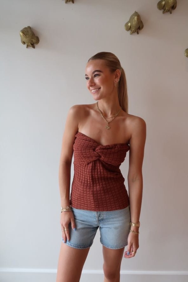 Essentiel Holo Strapless Knit Top in Rooibos Tea front