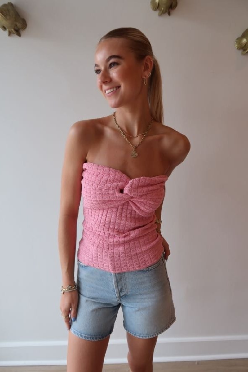 Essentiel Holo Strapless Knit Top in Fairy Tale front
