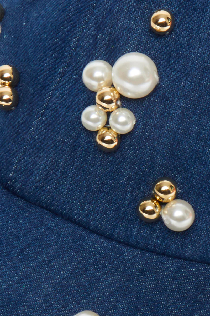 Lele Sadoughi Scattered Pearl Denim Hat close up