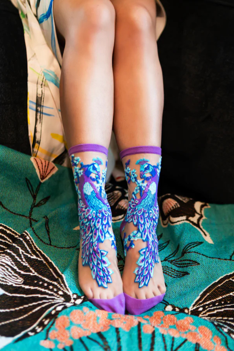 Sock Candy Aquamarine Peacock Sheer Crew without shoes