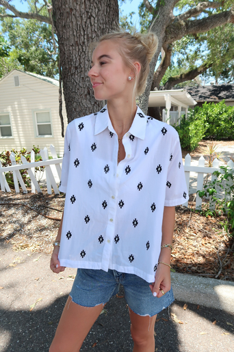 Velvet Macy Embroidered Button-down Top front, held out