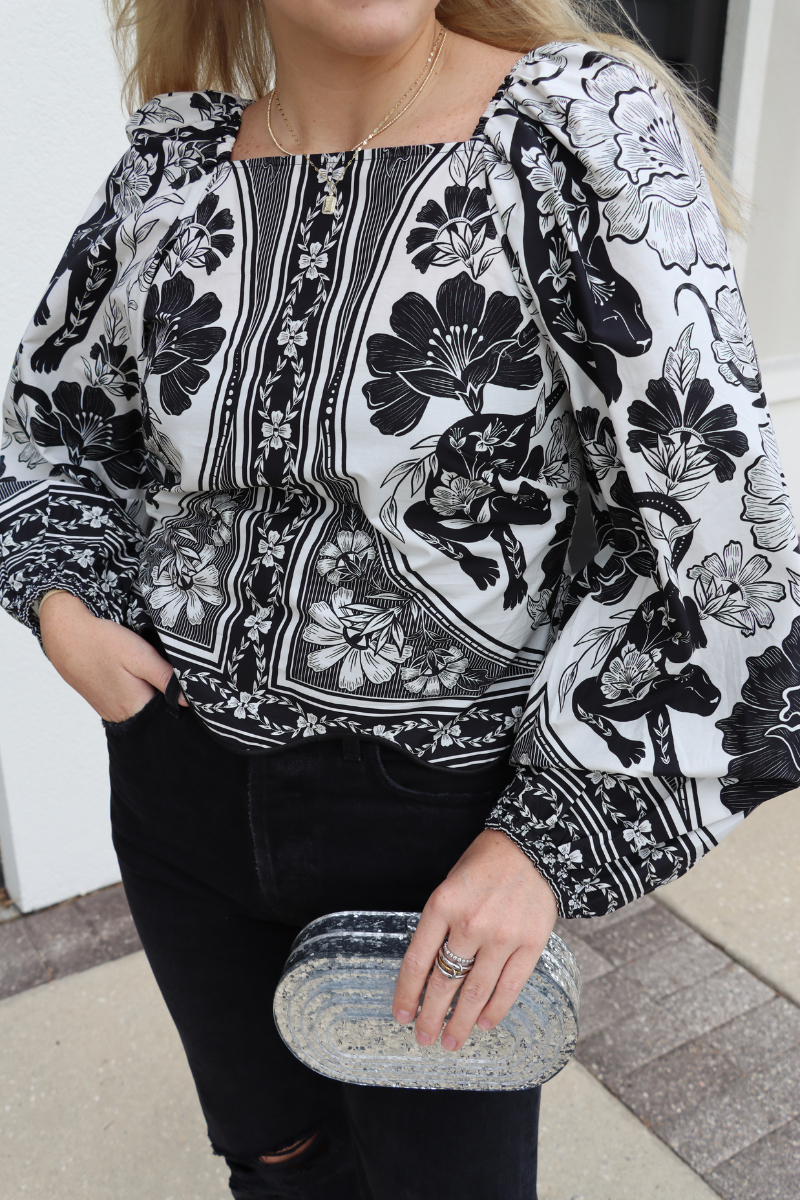 Farm Rio Placed Floral Print Long Sleeve Blouse close up