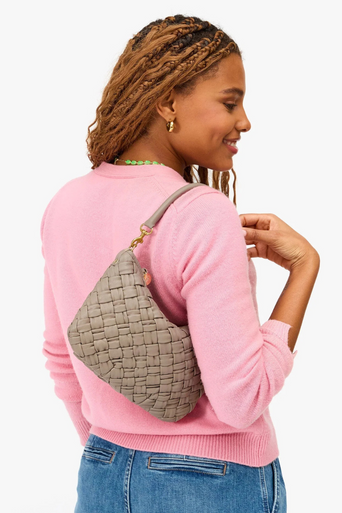 Clare V Petit Moyen Puffy Woven Dove on shoulder