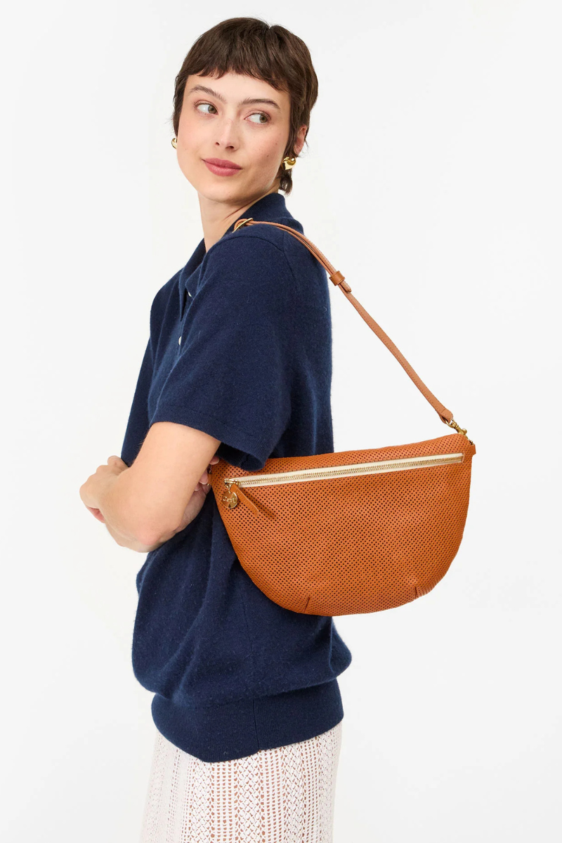 Clare V Grande Fanny Cuoio Perf on shoulder