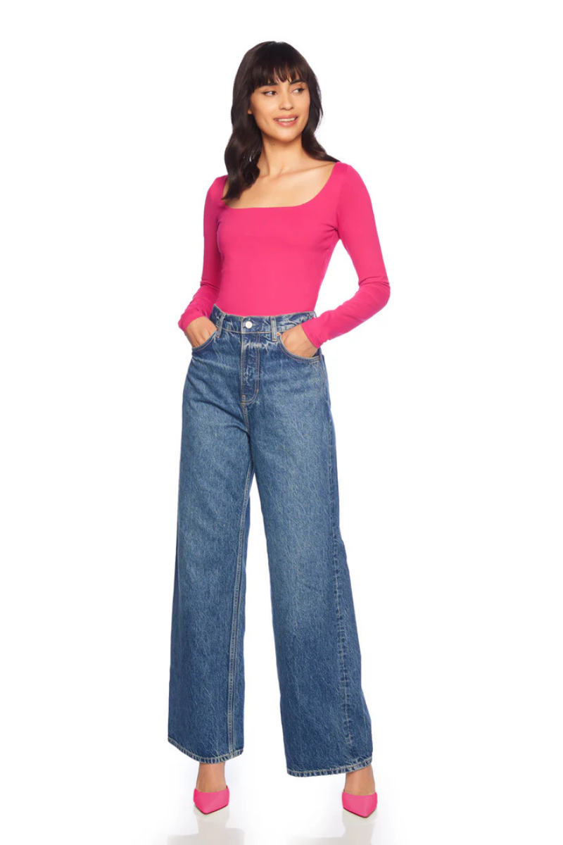 Susana Monaco Long Sleeve Scoop Front Top in Peony tucked