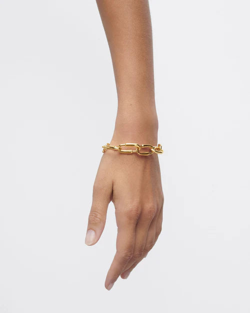 Gold chain bracelet on a person's wrist against a white background