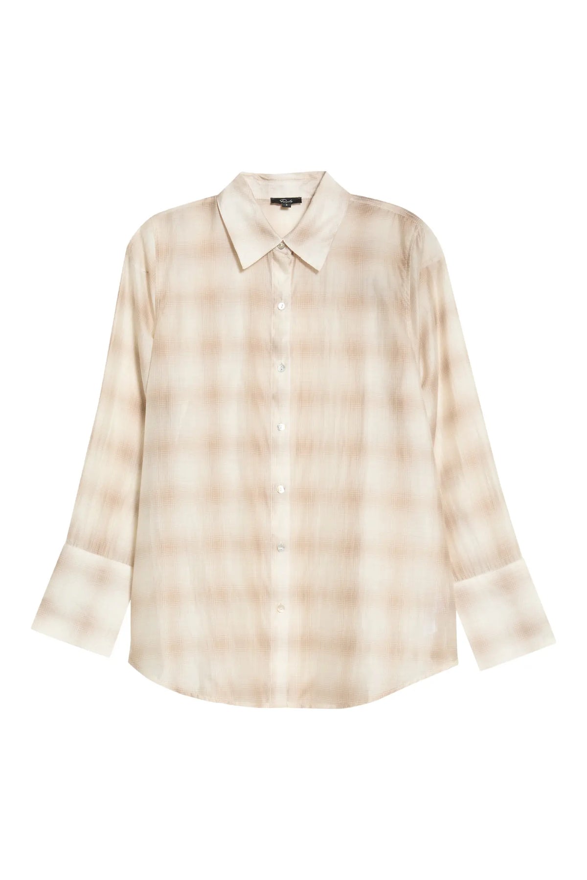 A long-sleeve button-up shirt in a soft beige and cream plaid pattern, displayed against a solid white background.