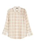 A long-sleeve button-up shirt in a soft beige and cream plaid pattern, displayed against a solid white background.