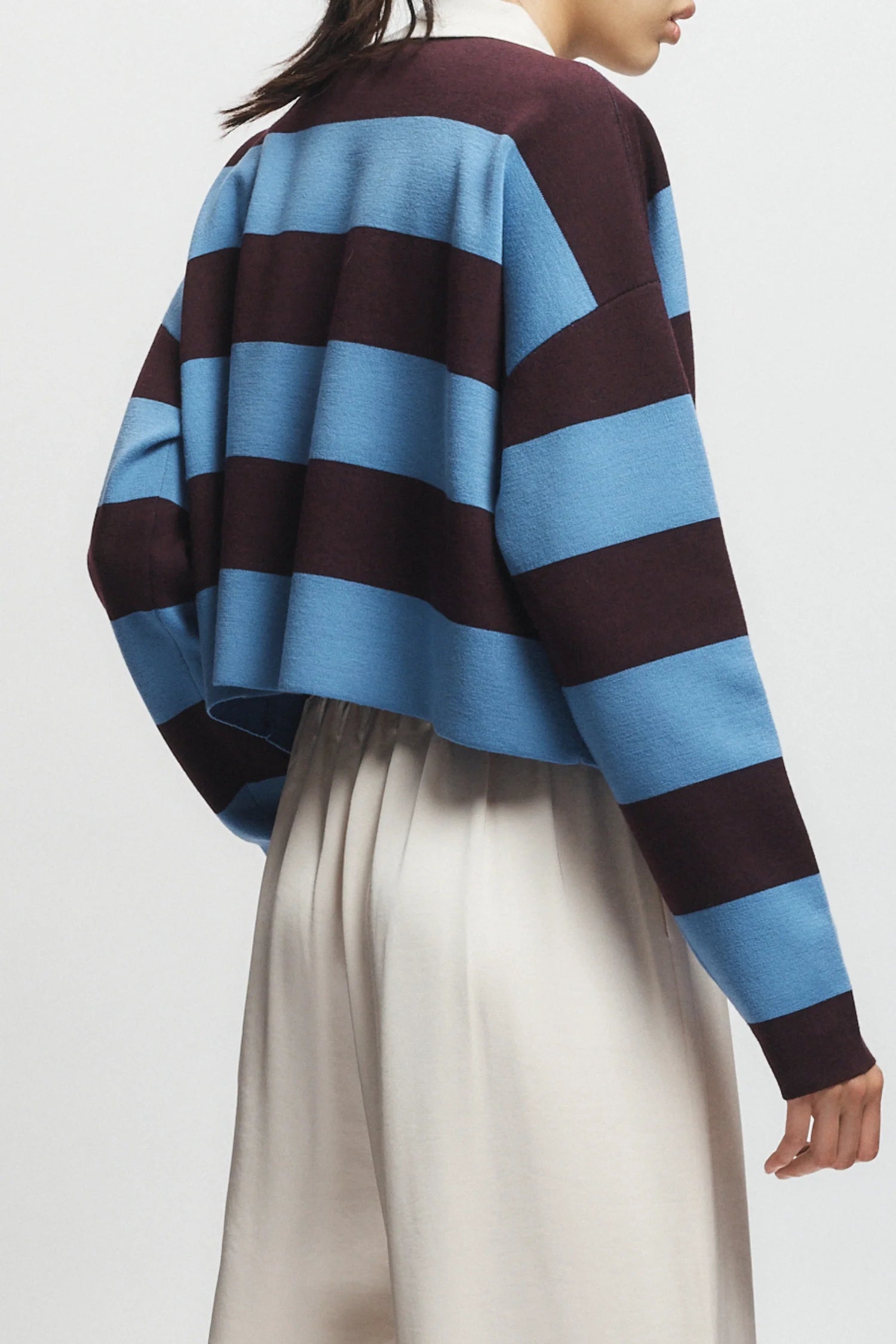 Person wearing a striped sweater with blue and brown horizontal stripes on a plain background, back