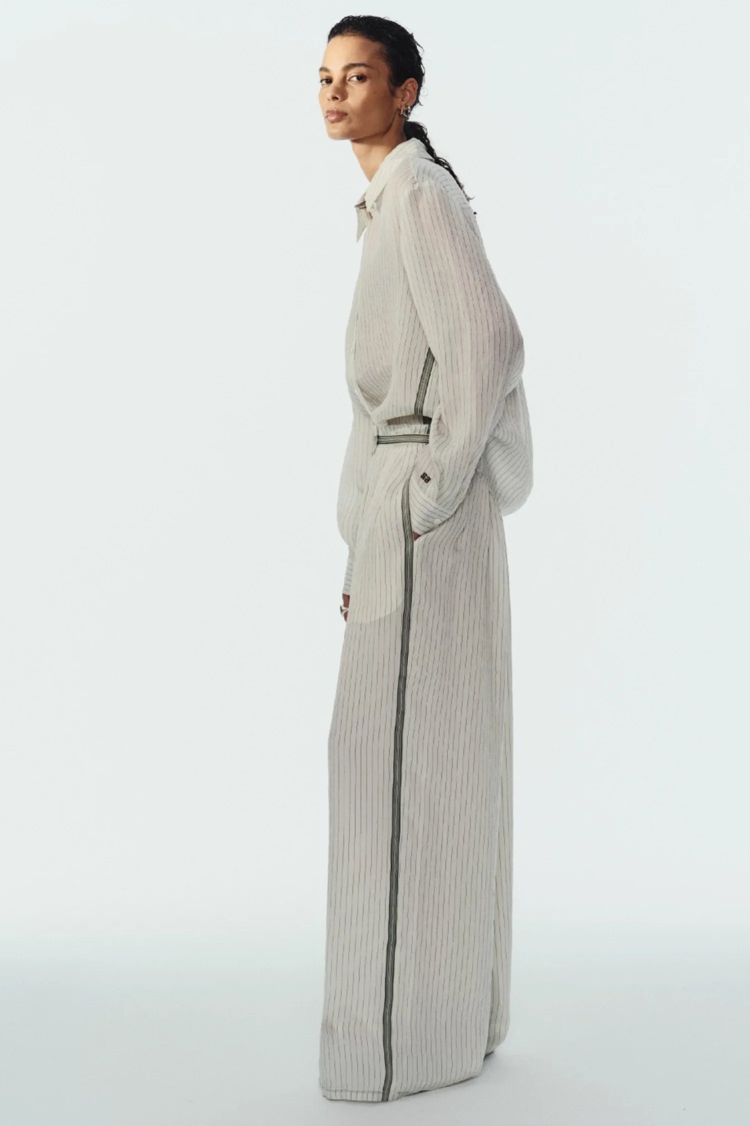 Lanette Pinstripe Blouse and Wilson Pinstripe Pant full body side view