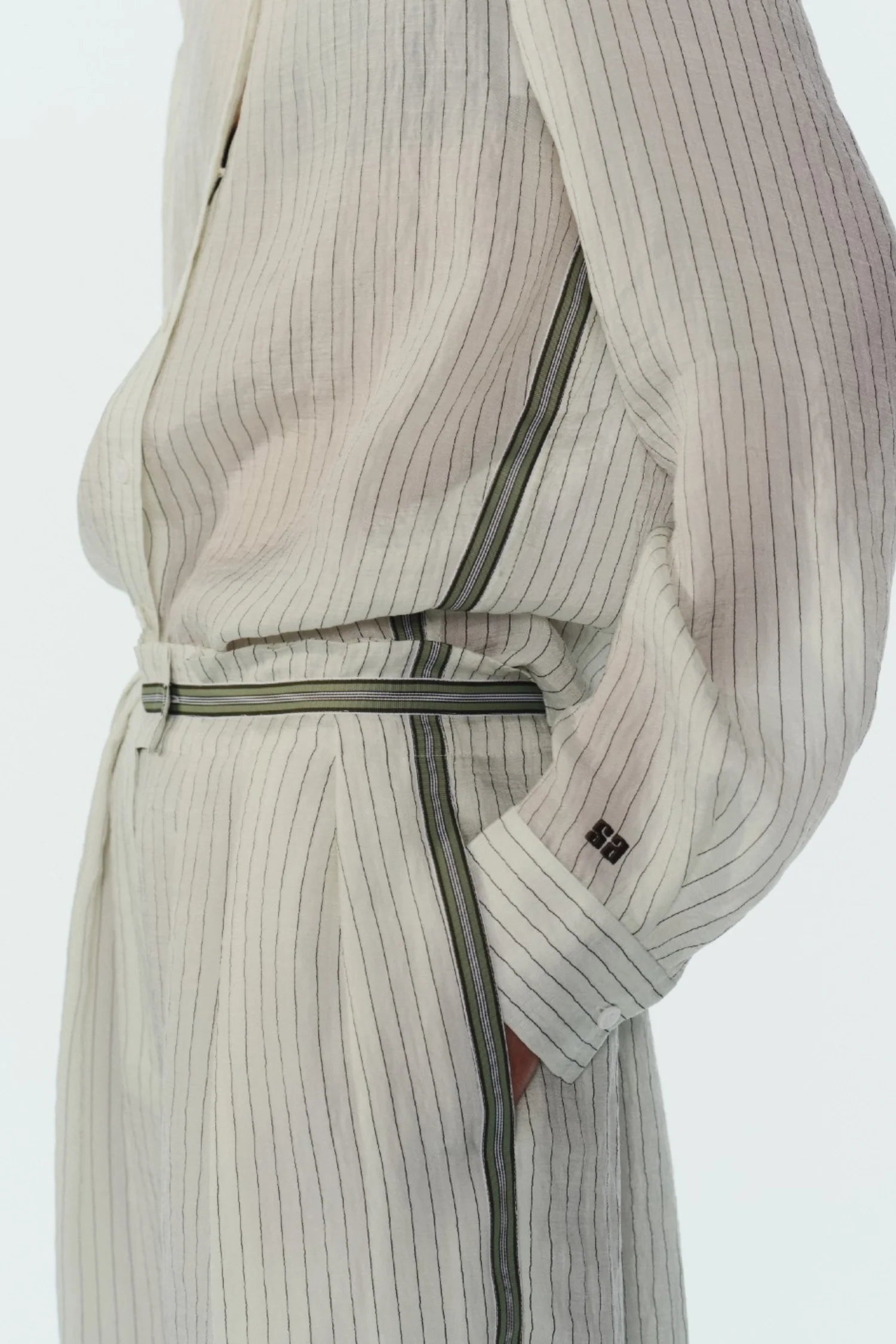 Wilson Pinstripe Pant and Lanette Pinstripe Blouse super close up side