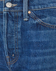 Close-up of blue denim fabric with stitching details