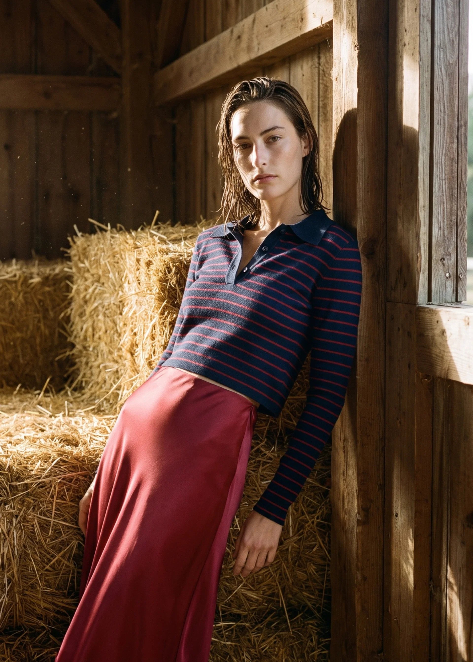 A woman leans against a wooden wall in a barn, wearing a navy and red striped long-sleeve polo shirt with a dark collar and a long, flowing dusty rose skirt.