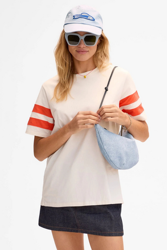 Clare V Lune Denim Suede Bag on shoulder