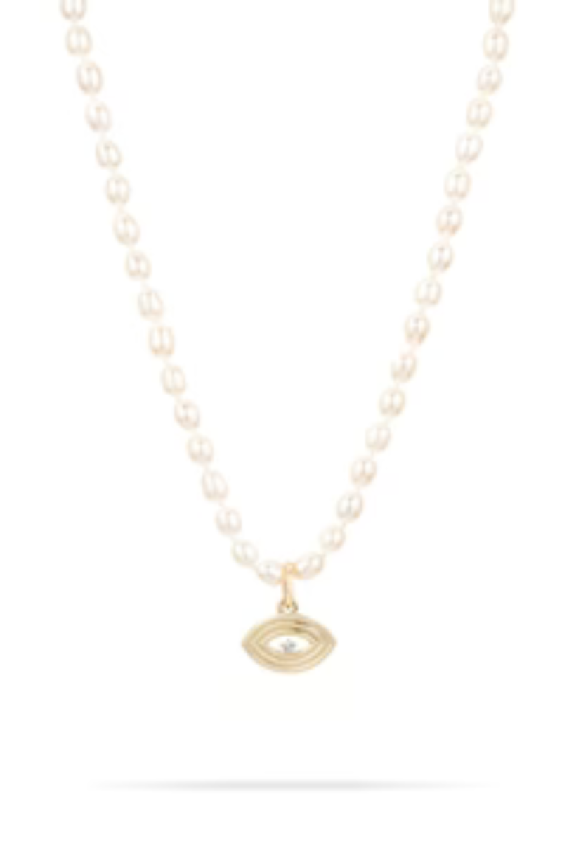 Adina Reyter Groovy Large Diamond Evil Eye Charm on seed pearl chain