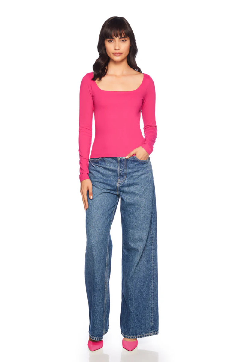 Susana Monaco Long Sleeve Scoop Front Top in Peony untucked