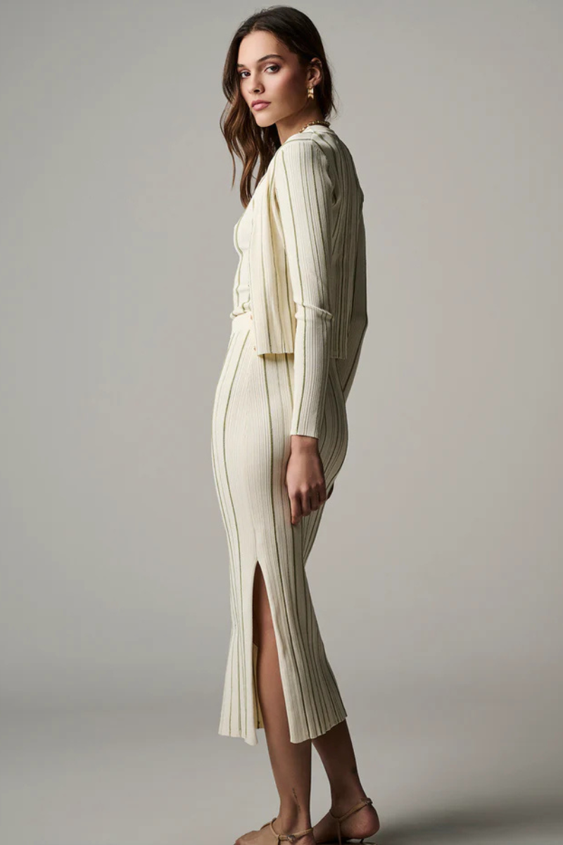Hevron Peony Knit Skirt Sage Stripe full body side