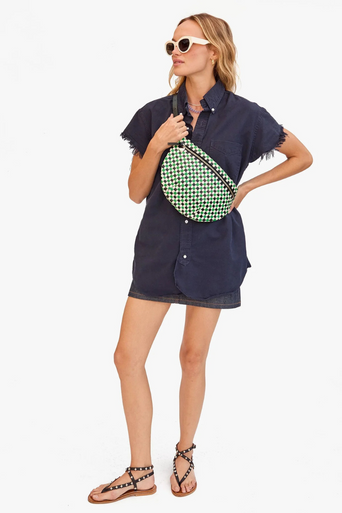 Clare V Grande Fanny Woven Checker Green Apple full body view