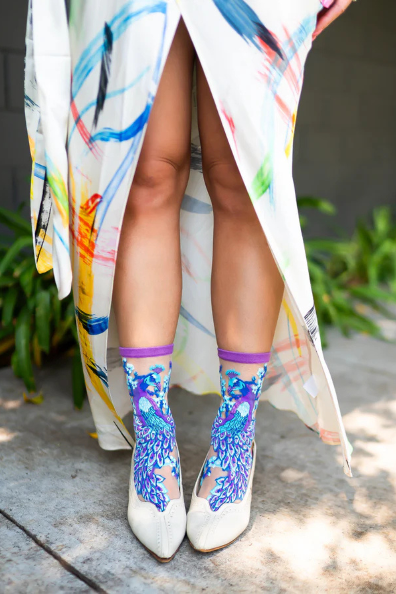 Sock Candy Aquamarine Peacock Sheer Crew with cream shoes