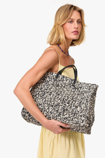 Clare V Summer Simple Tote Black/Cream Raffia held under arm