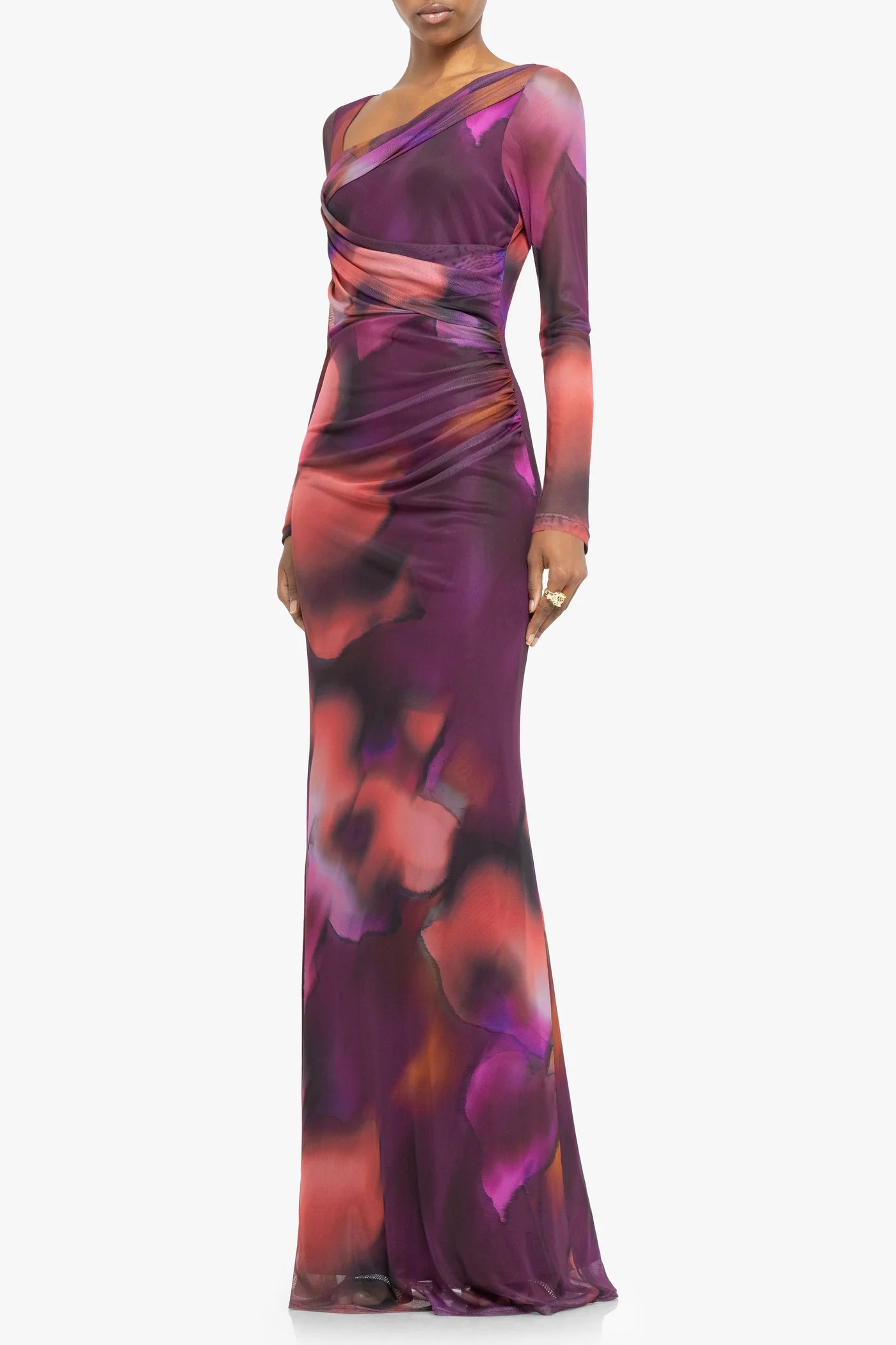 Long-sleeve dress with abstract multicolor pattern on a white background front view