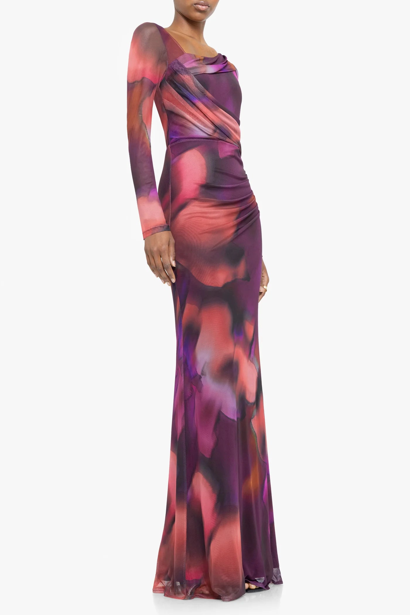 Long-sleeve dress with abstract multicolor pattern on a white background front view