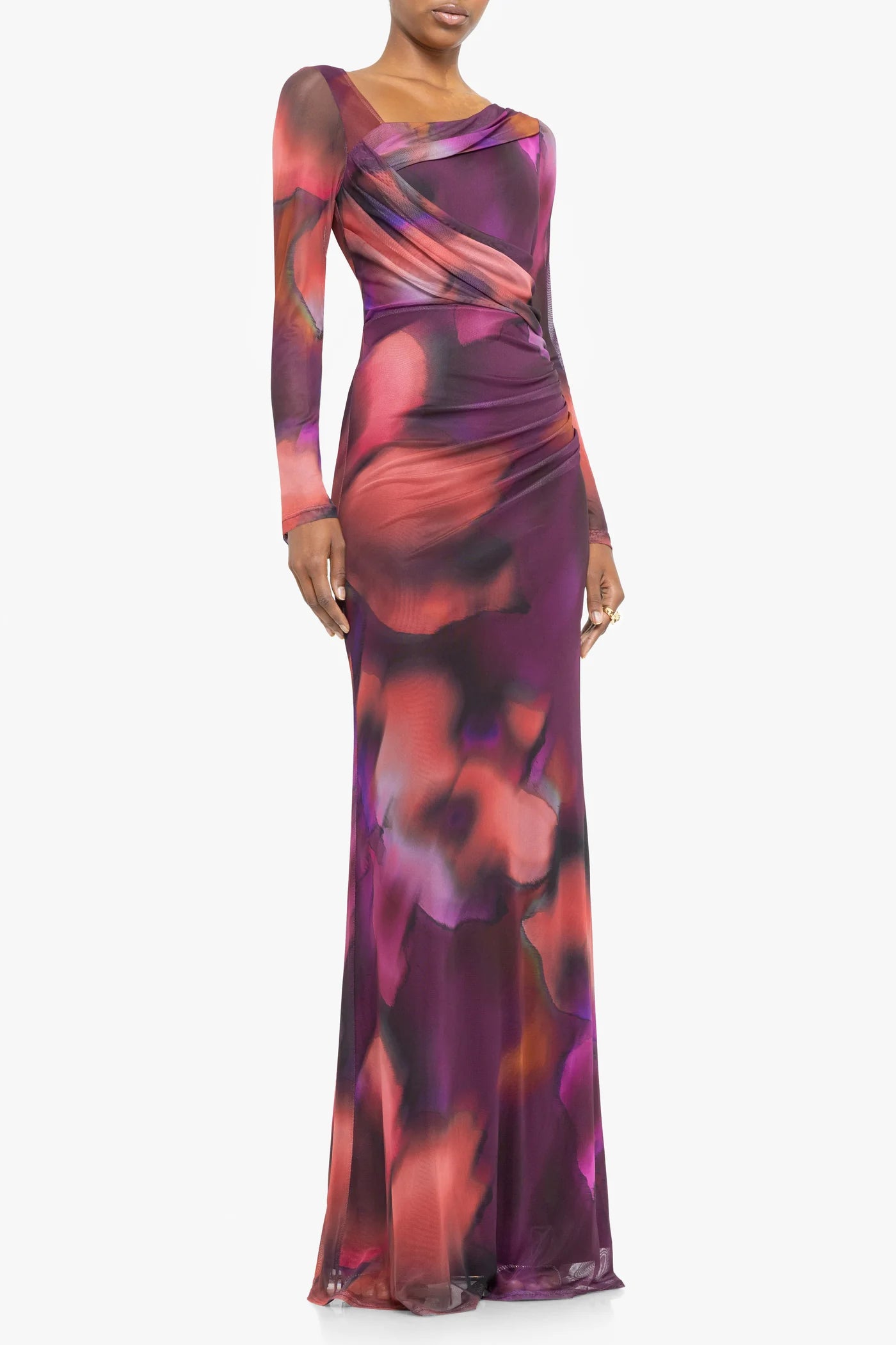 Long-sleeve dress with abstract multicolor pattern on a white background front view