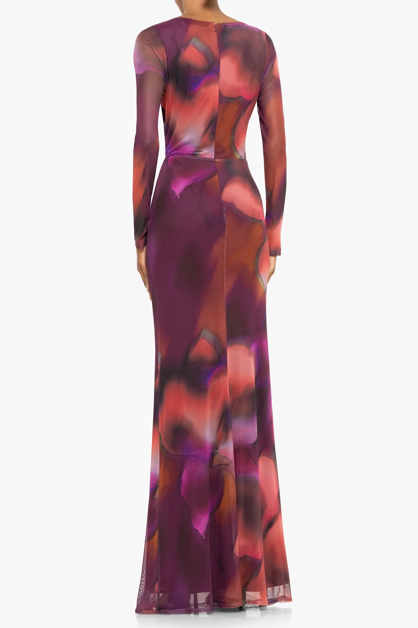 Long-sleeve dress with abstract pattern on a white background back view