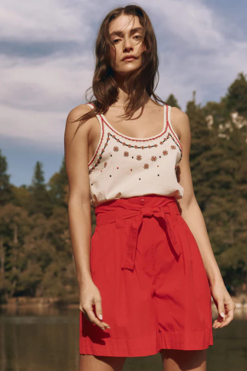 The Great the Beaded Slim Tank with red shorts