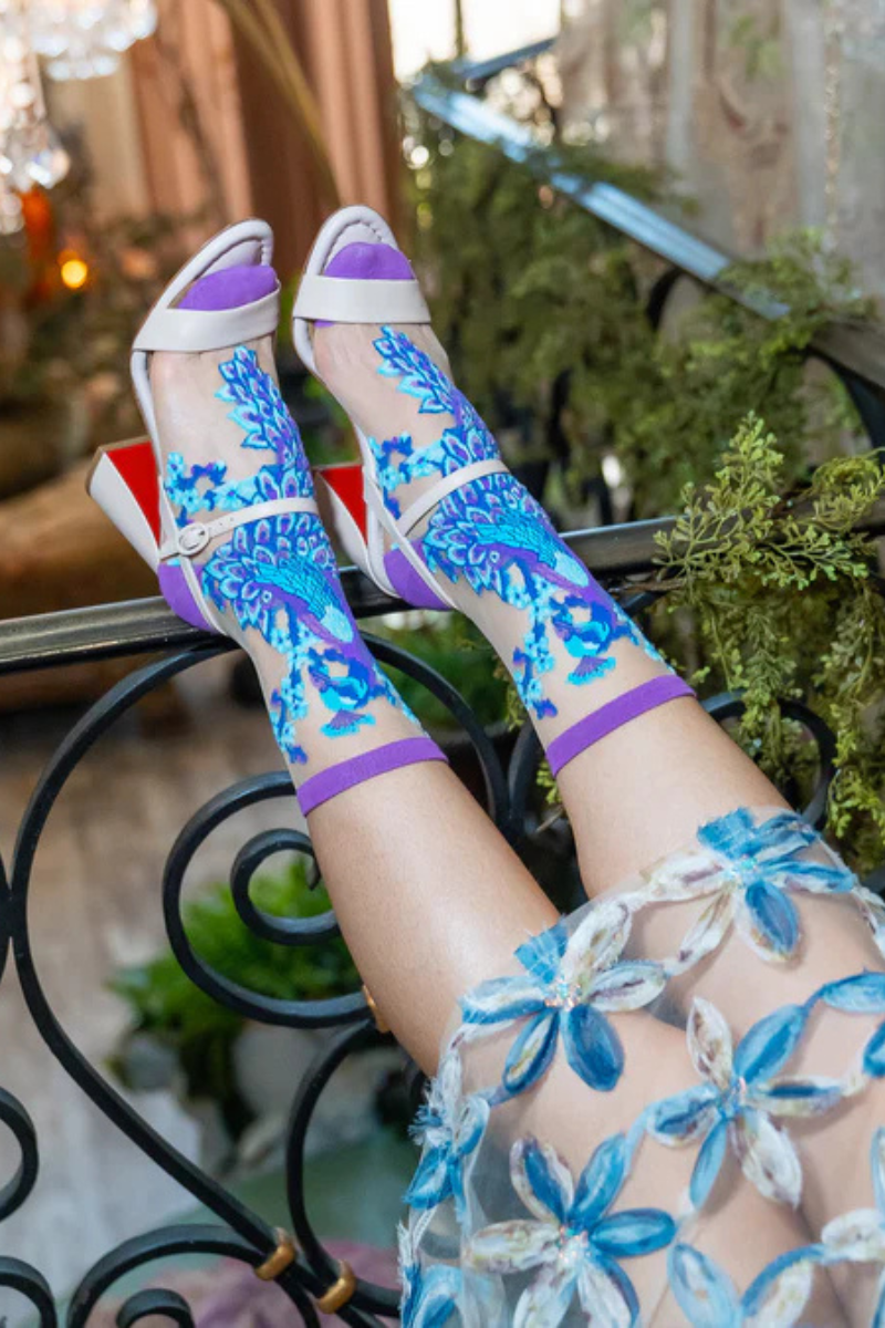 Sock Candy Aquamarine Peacock Sheer Crew with heels