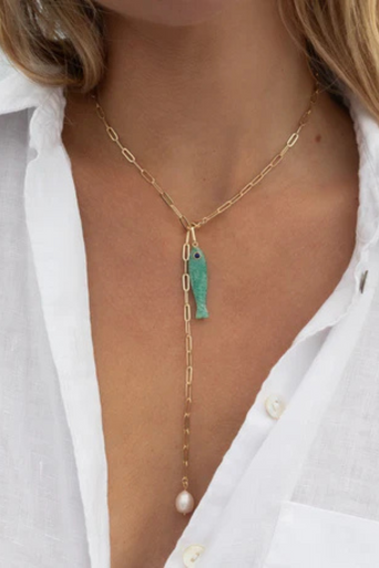 Thatch Fortuna Amazonite Charm on lariat on model