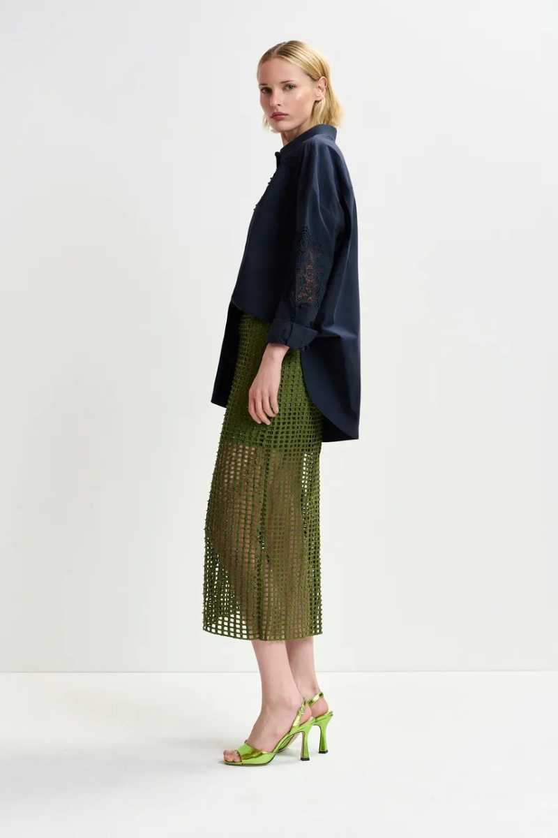 Essentiel Handkerchief Sequin Mesh Midi Skirt full body side
