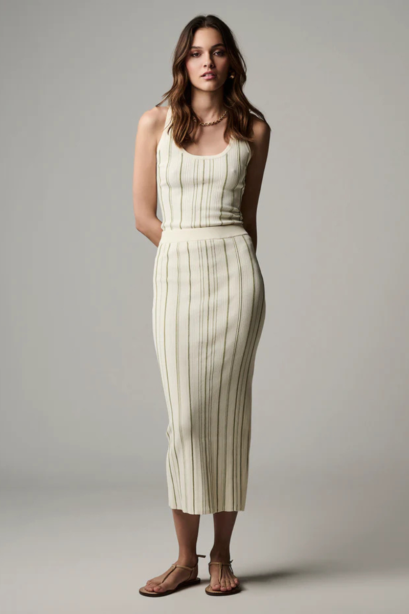 Hevron Peony Knit Skirt Sage Stripe full body front