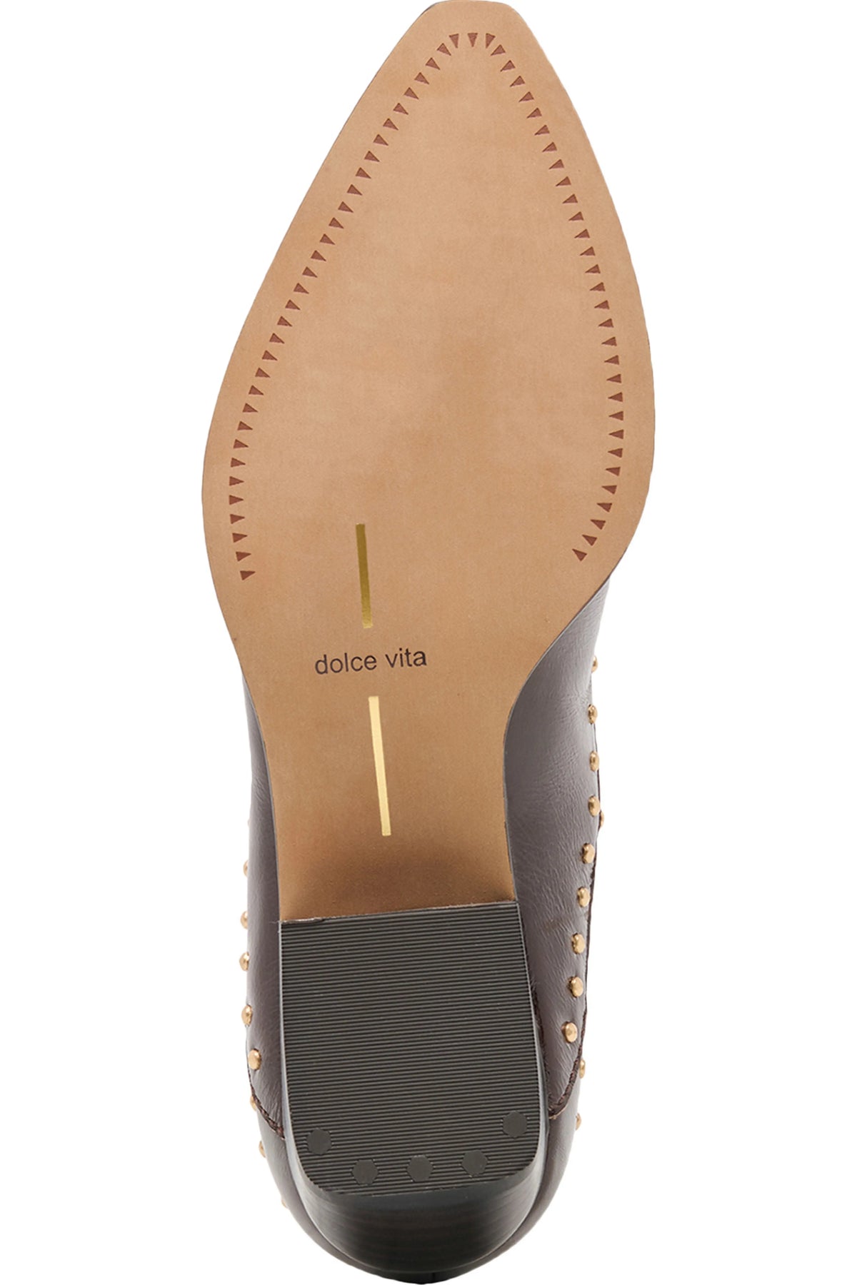 Top-down view of a brown leather shoe sole with gold-tone studs, a tan insole printed with 'dolce vita', and a black heel block on a white background.