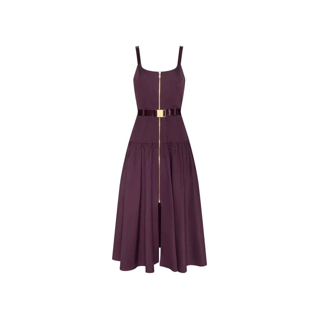 A sleeveless midi dress in deep plum purple, featuring a square neckline, a central gold zipper, a matching waist belt with a gold buckle, and a flared skirt, shown against a plain white background.