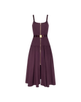 A sleeveless midi dress in deep plum purple, featuring a square neckline, a central gold zipper, a matching waist belt with a gold buckle, and a flared skirt, shown against a plain white background.