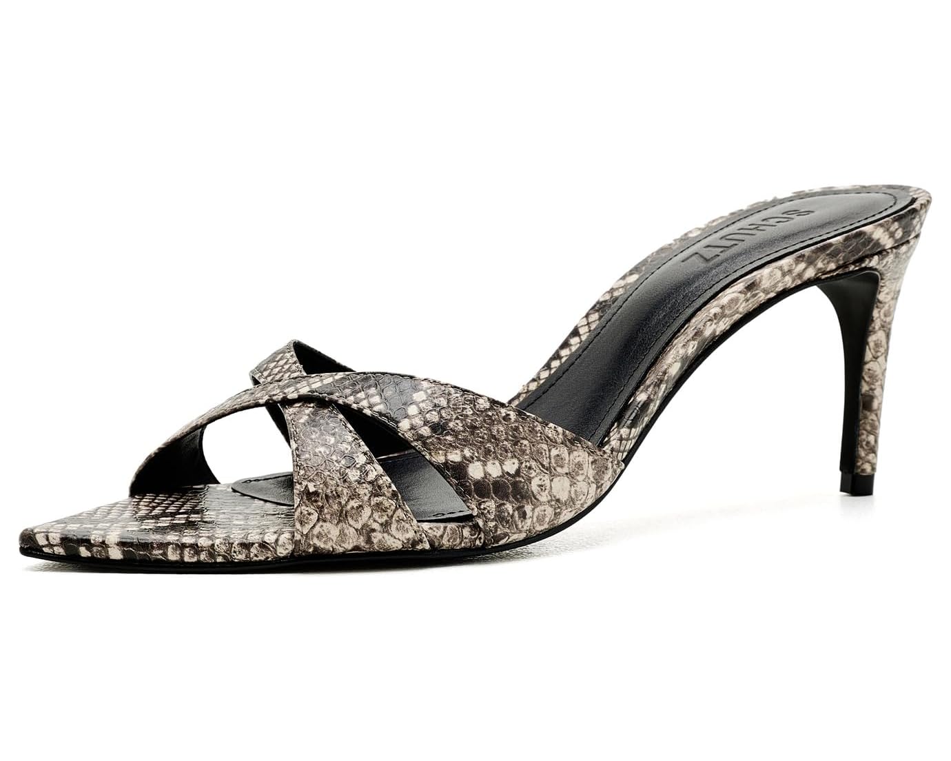 A single women's high-heeled sandal with a snakeskin pattern in shades of gray, beige, and black, featuring crisscrossing straps and a pointed toe, shown against a plain white background.