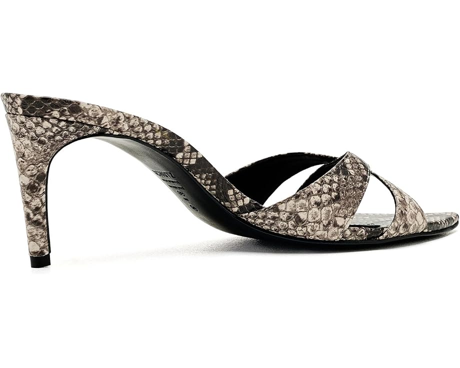 A single women's slingback heeled sandal with a snakeskin pattern in beige, brown, and black, featuring a low block heel and cutout straps, shown against a plain white background.