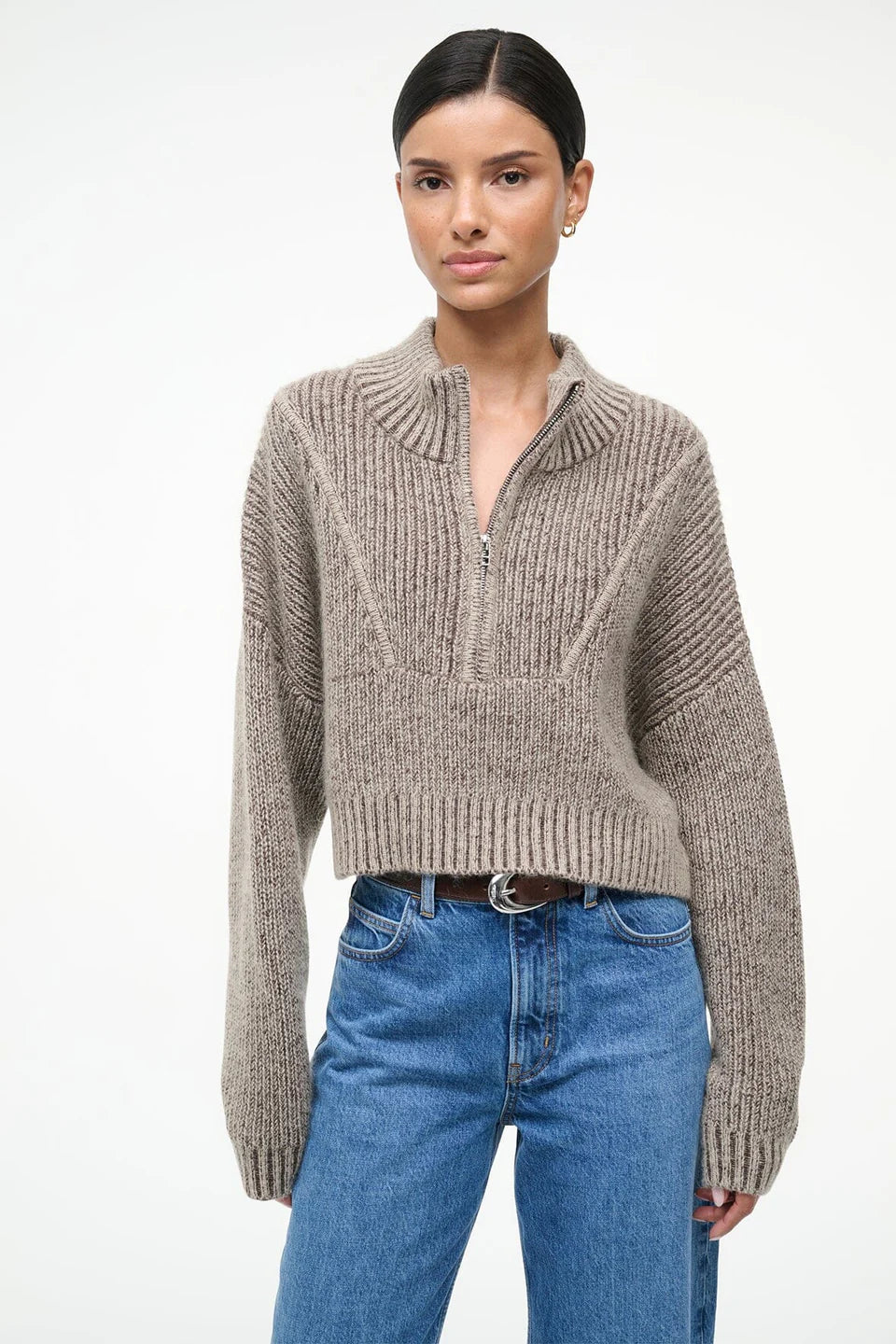 Cropped Hampton Sweater in Bisque on model with jeans