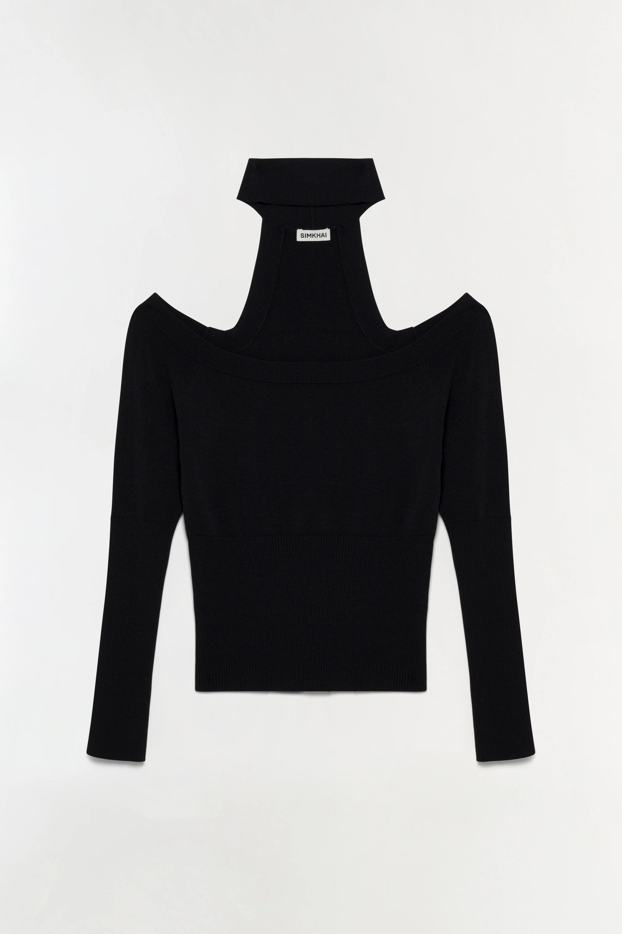Black long-sleeve top with cut-out shoulders on a white background
