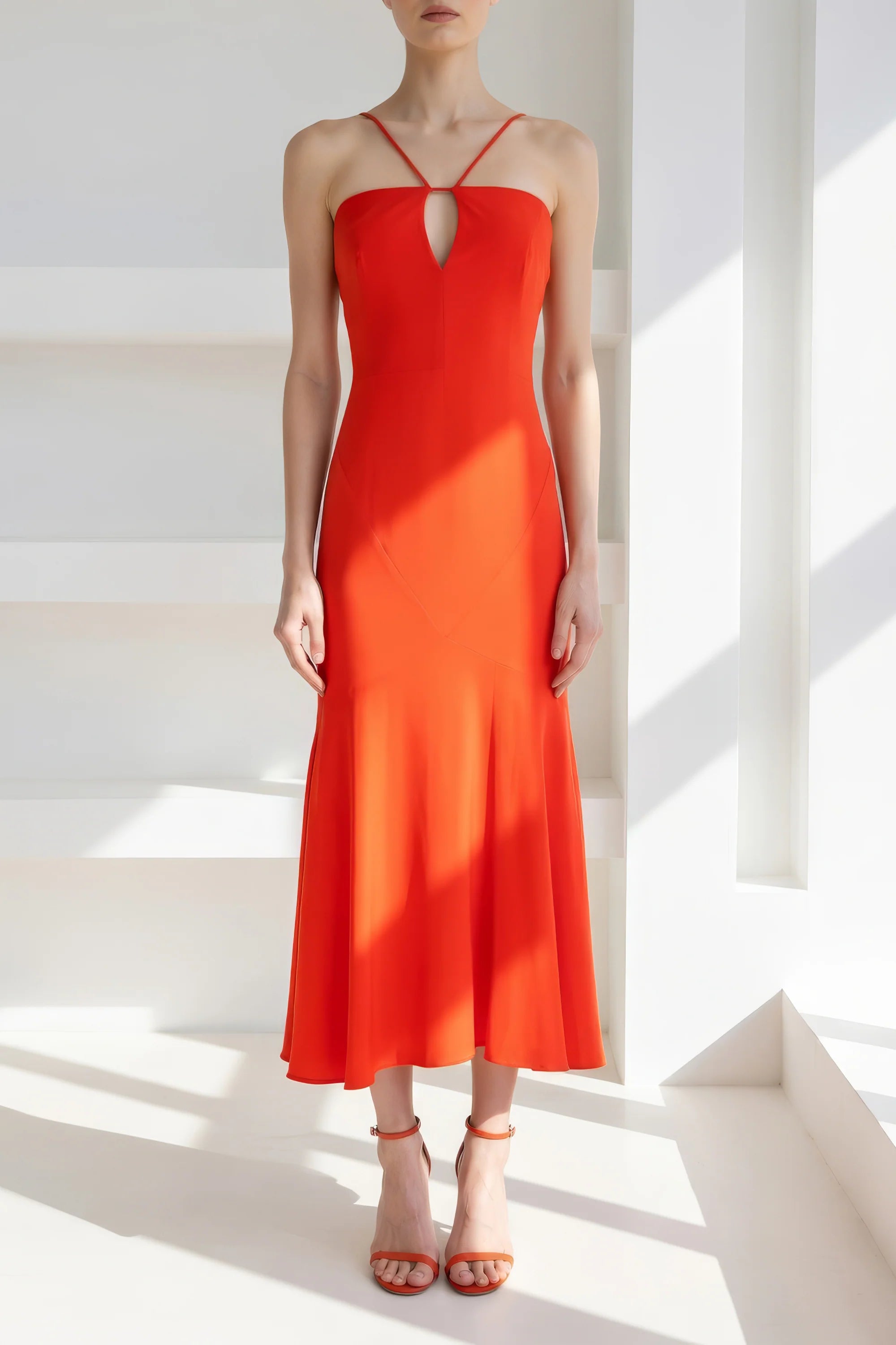 Woman wearing a red dress standing in a bright, minimalistic room.