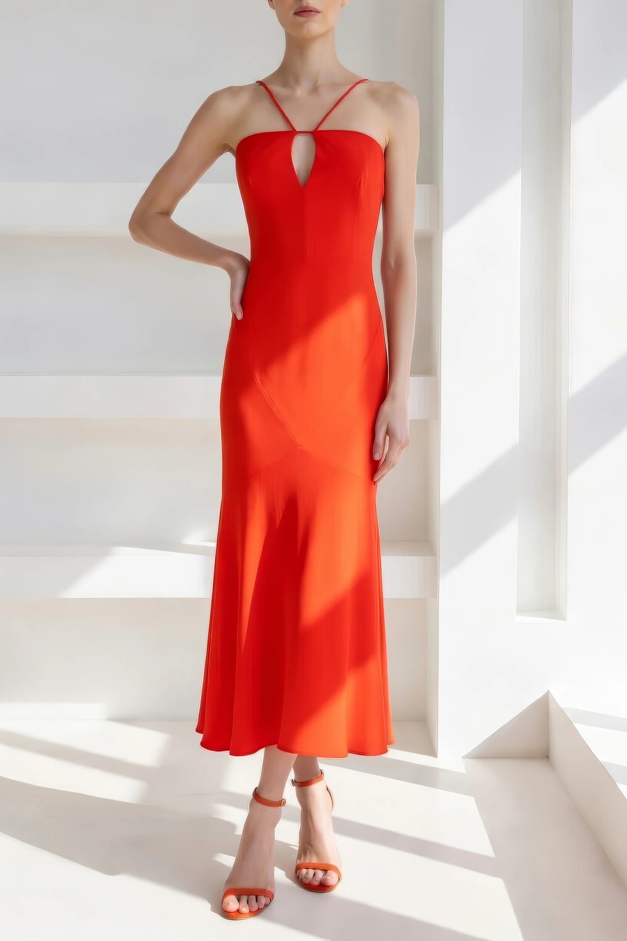 Woman wearing a red dress with thin straps in a bright setting