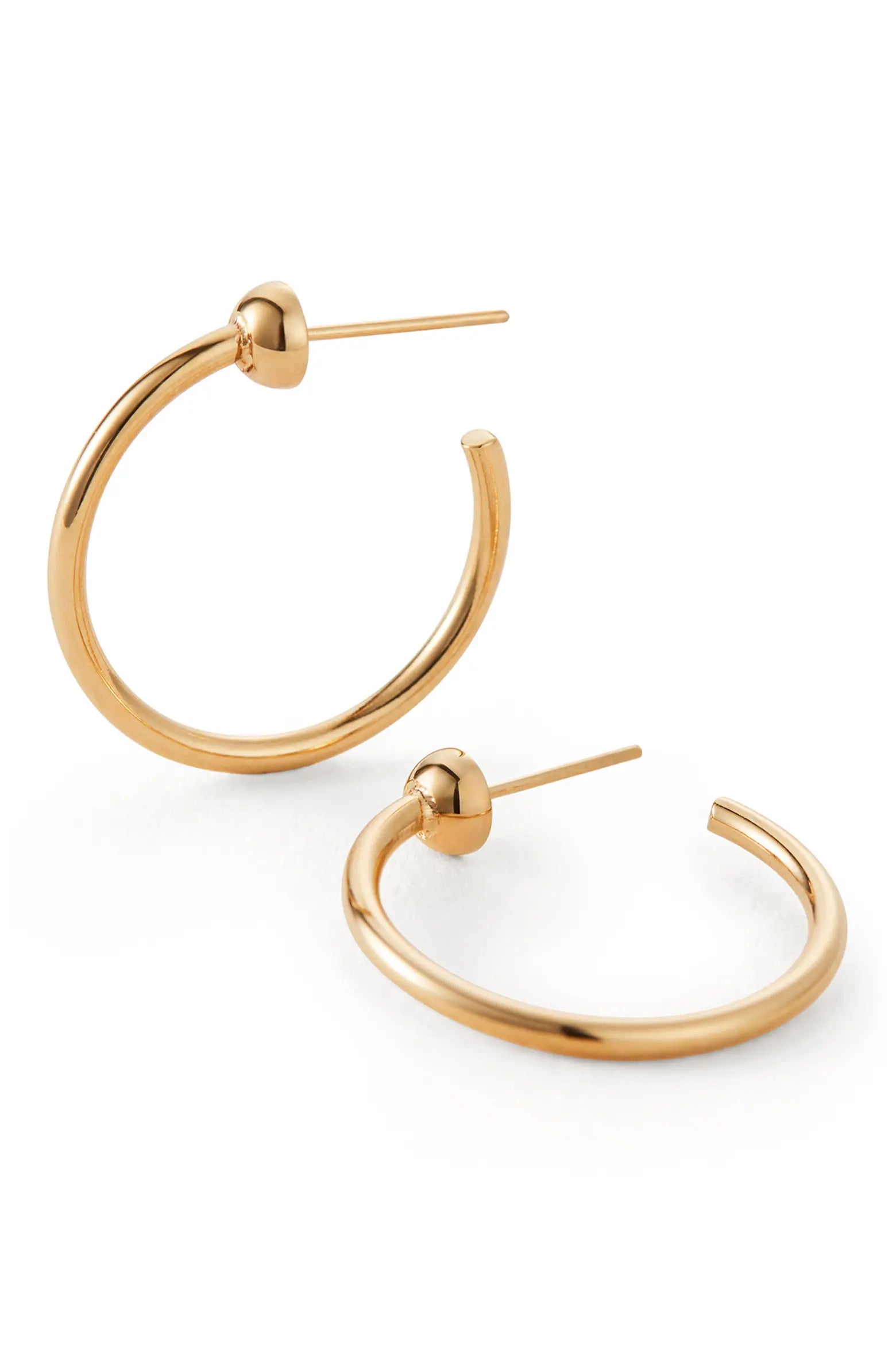 A pair of gold-plated open hoop earrings with a small spherical bead detail at the post, shown on a clean white background.