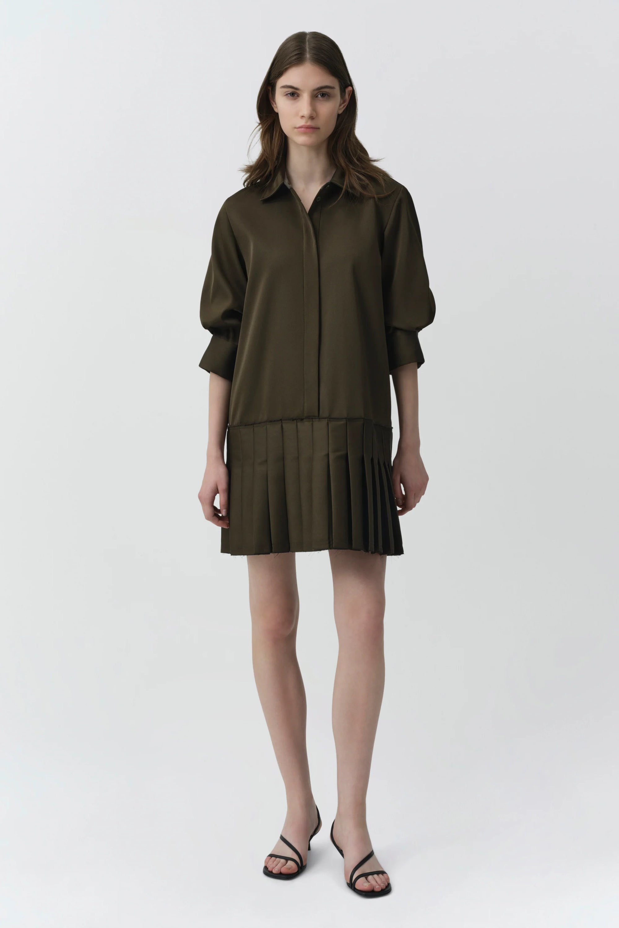 Regina Pleated Mini Shirt Dress full body front
