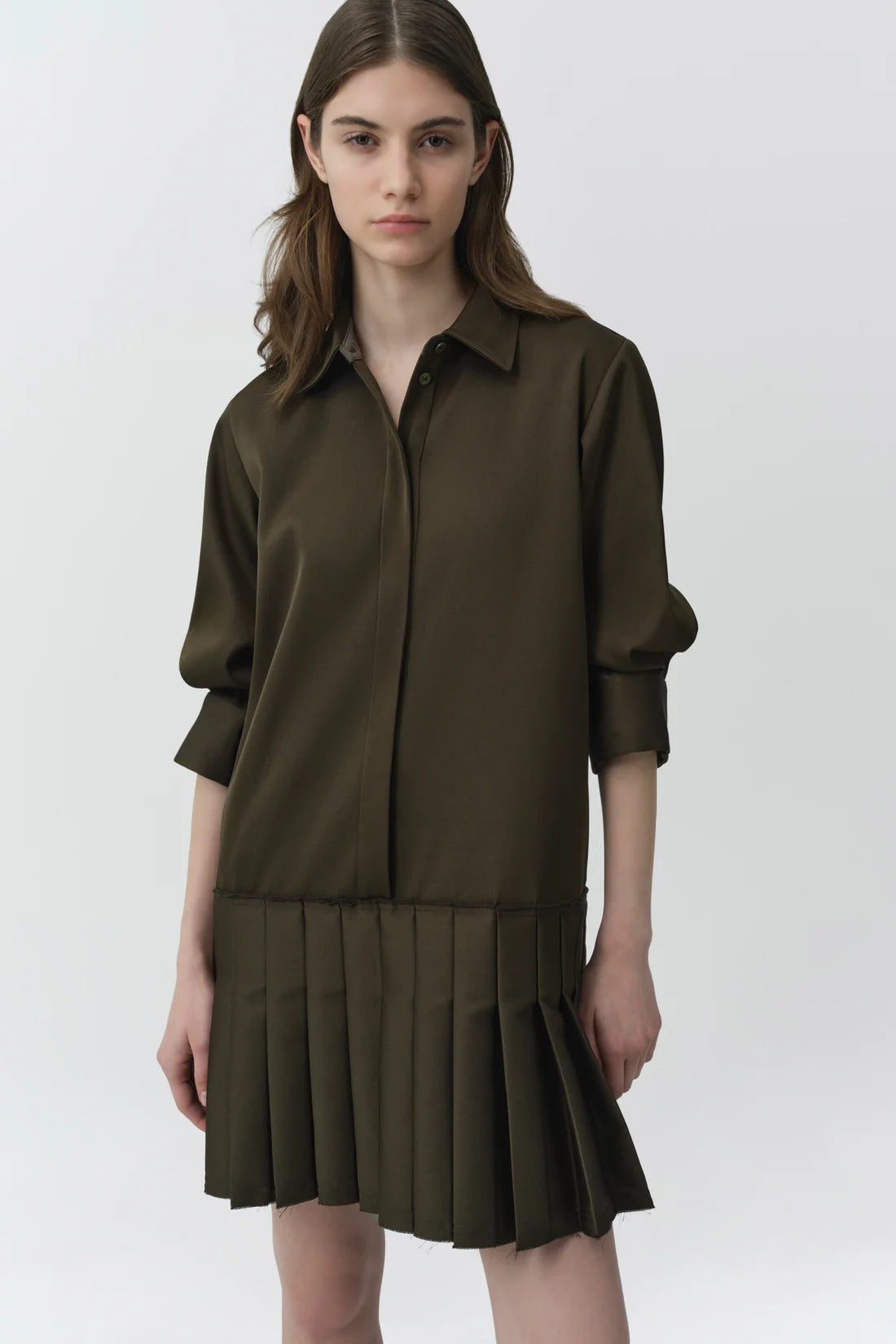 Regina Pleated Mini Shirt Dress close up front