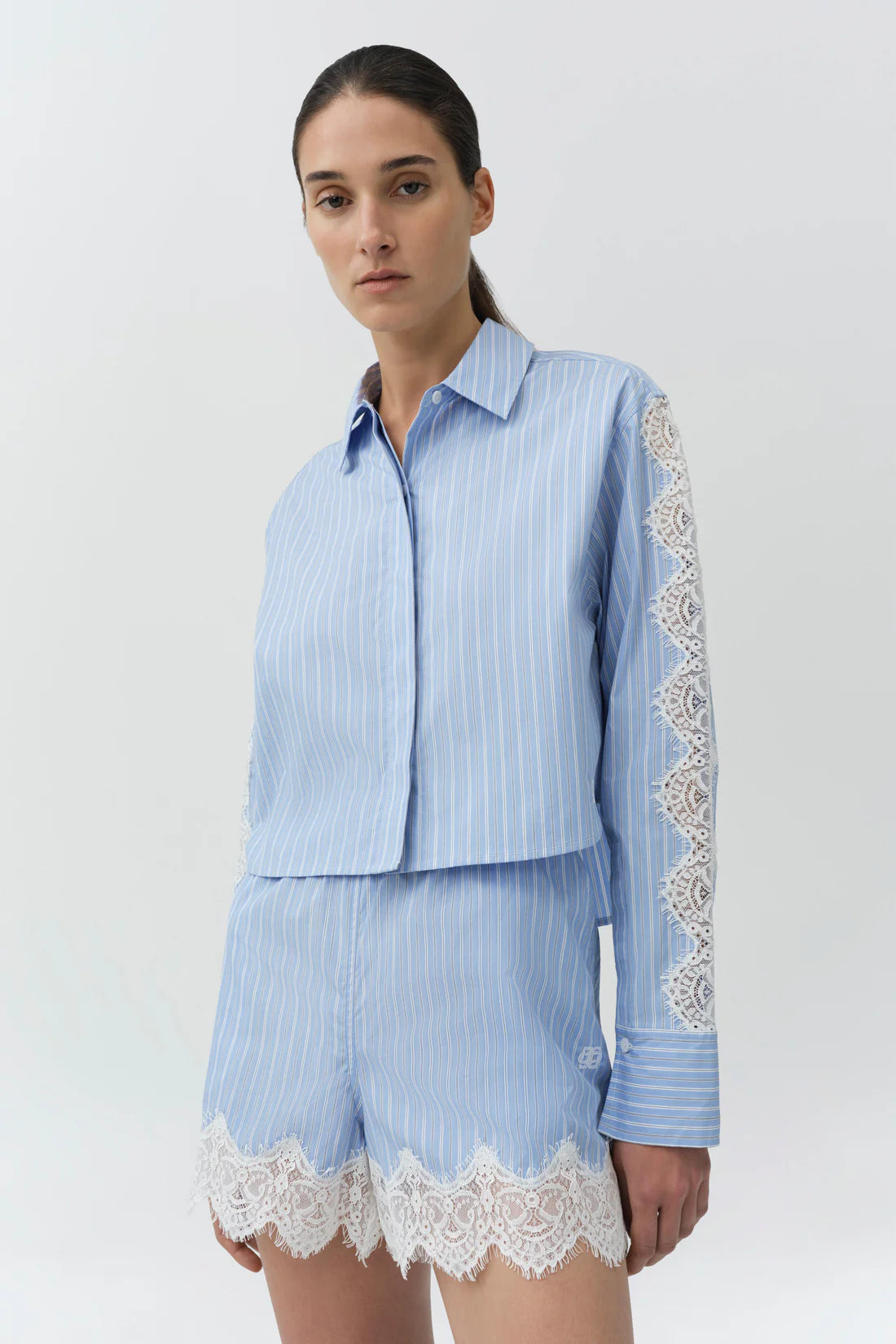 Renata Cropped Shirt and Emmie Cotton Lace Shorts close up front