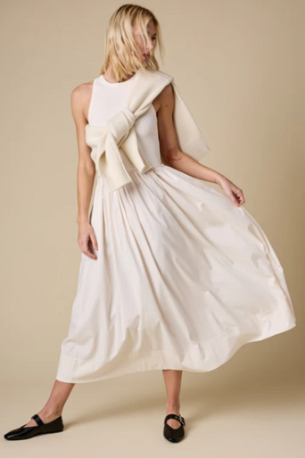 Sold Out the Rsvp Dress in Cream sweater on shoulders